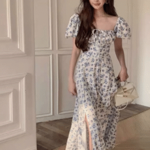 Maxi White and Blue Floral Dress with Puffy Sleeve