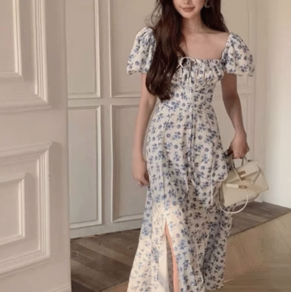Maxi White and Blue Floral Dress with Puffy Sleeve