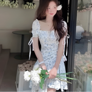 Asymmetrical Neckline Floral Mini Dress with Ruched Skirt