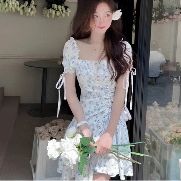 Asymmetrical Neckline Floral Mini Dress with Ruched Skirt