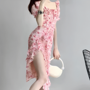 Sexy Pink Floral Midi Dress with Frill