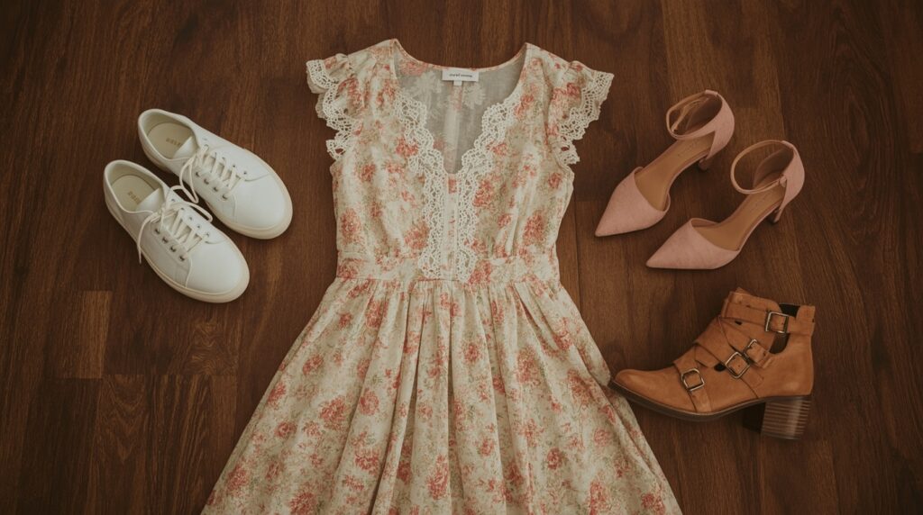 Flat lay dress floral pastel dengan detail renda dipadukan tiga jenis sepatu: sneakers putih, stileto pink, dan ankle boots di atas lantai kayu gelap
