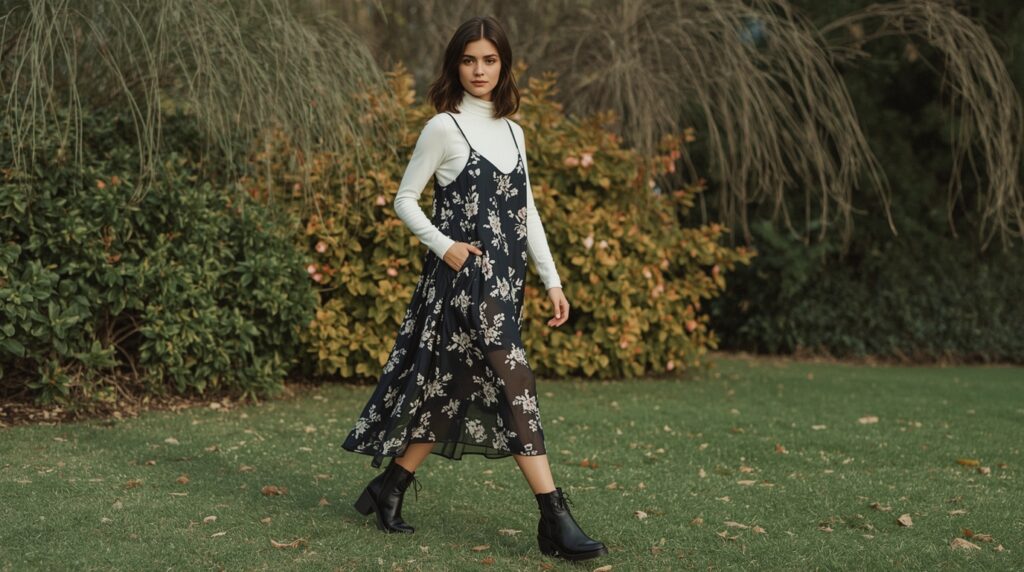 Wanita muda berjalan percaya diri di taman musim gugur mengenakan floral slip dress dengan turtleneck putih dan boots hitam