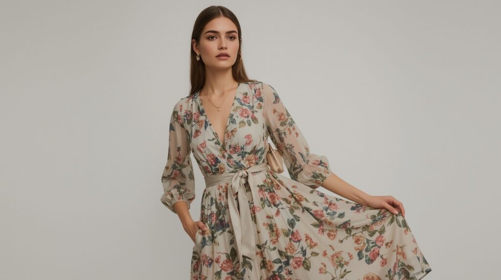 Seorang wanita anggun mengenakan dress floral panjang berwarna krem dengan ikat pinggang satin, kalung emas tipis, anting kecil, dan tas tangan krem beraksen emas