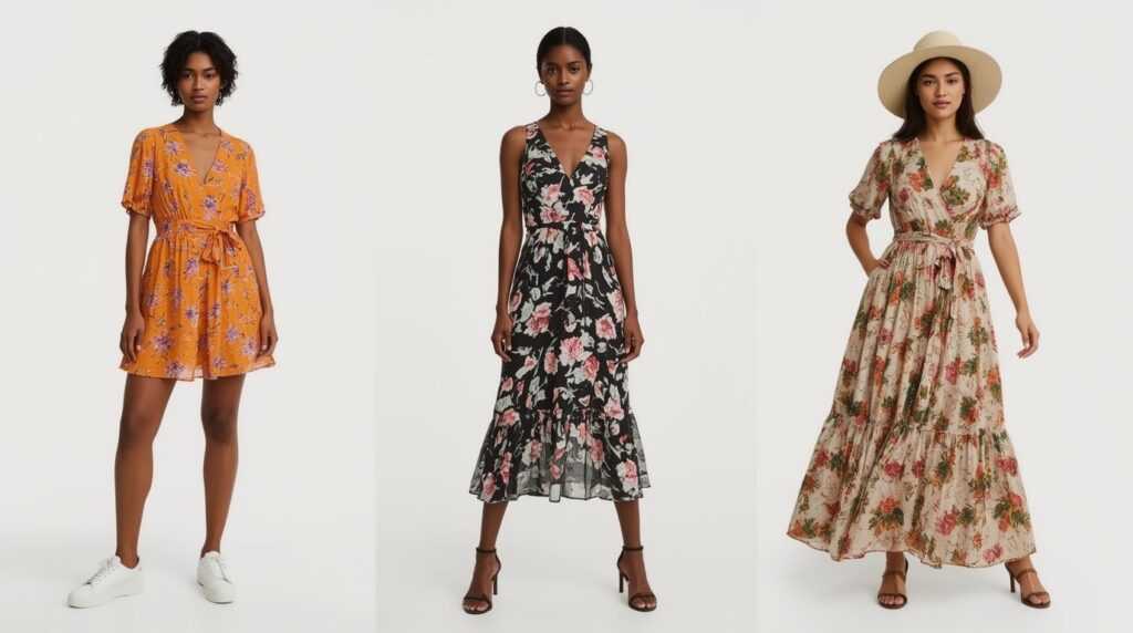 Tiga wanita dengan gaya dan warna kulit berbeda mengenakan floral dress model mini, midi, dan maxi, berdiri berdampingan di latar putih