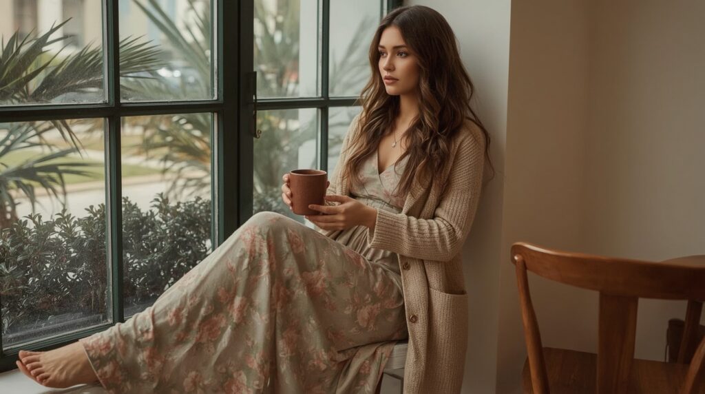 Seorang wanita berambut ikal panjang duduk santai di dekat jendela kafe dengan dress floral lembut dan cardigan rajut, menikmati minuman hangat