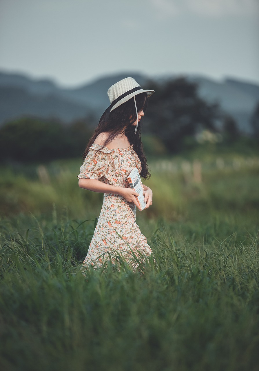Beranda girl, meadow, fashion, phone wallpaper, dress, hat, woman, style, model, pose, field, outdoors, aesthetic wallpaper, iphone wallpaper